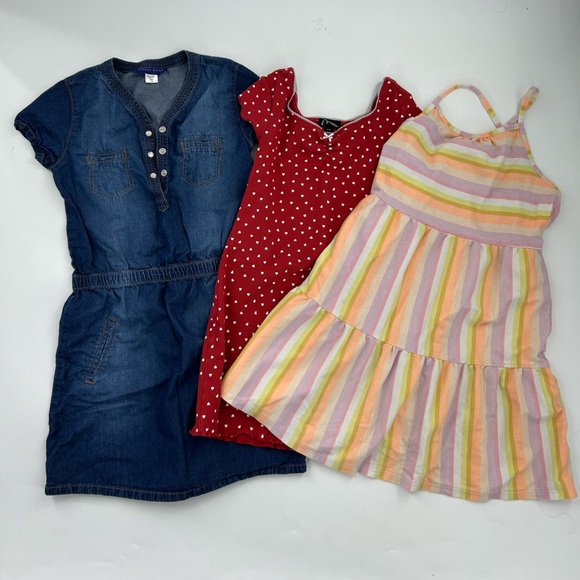 Cat & Jack Other - Lot/bundle of 3 dresses- Jean dress, red with hearts, stripe dress -Sz 7/8